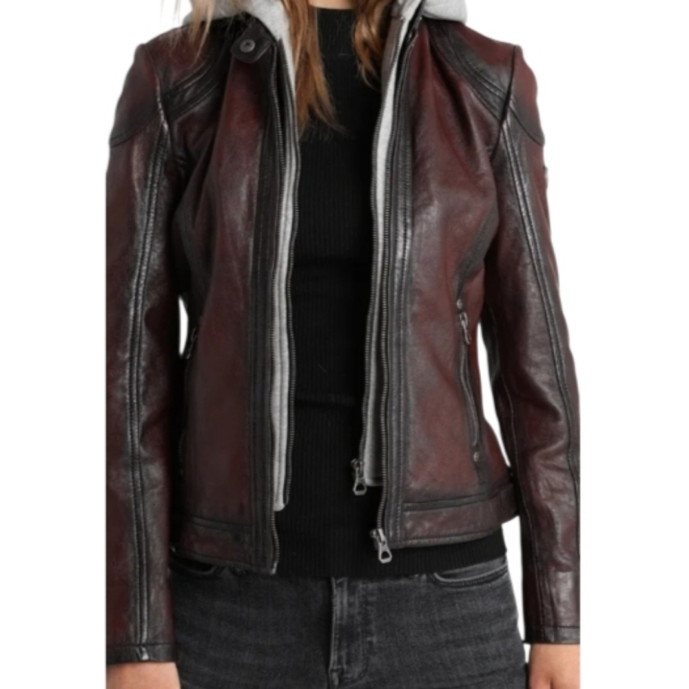 Gipsy By Mauritius Dark Red Leather Jacket Grey Hoodie Insert Front Zip Sz M